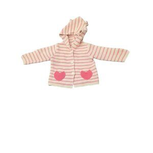 Gap Baby Girls Pink White Striped Hooded Bear Ears Cotton Cardigan Sweater 6-12m